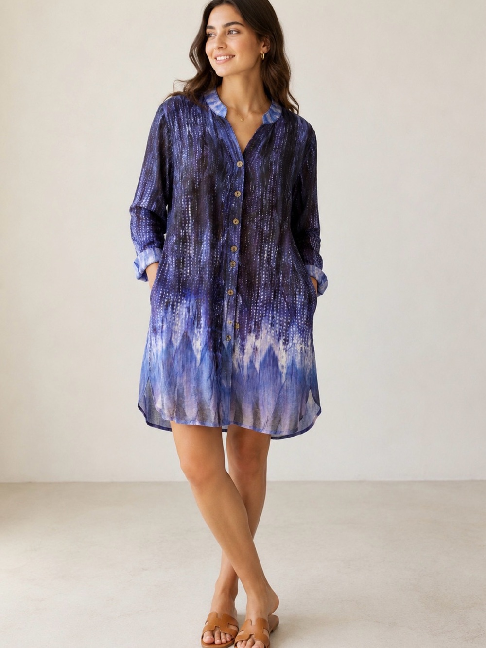 Citron Santa Monica Vintage Tie-Dye Lightweight Button-Up Long Sleeve Tunic L